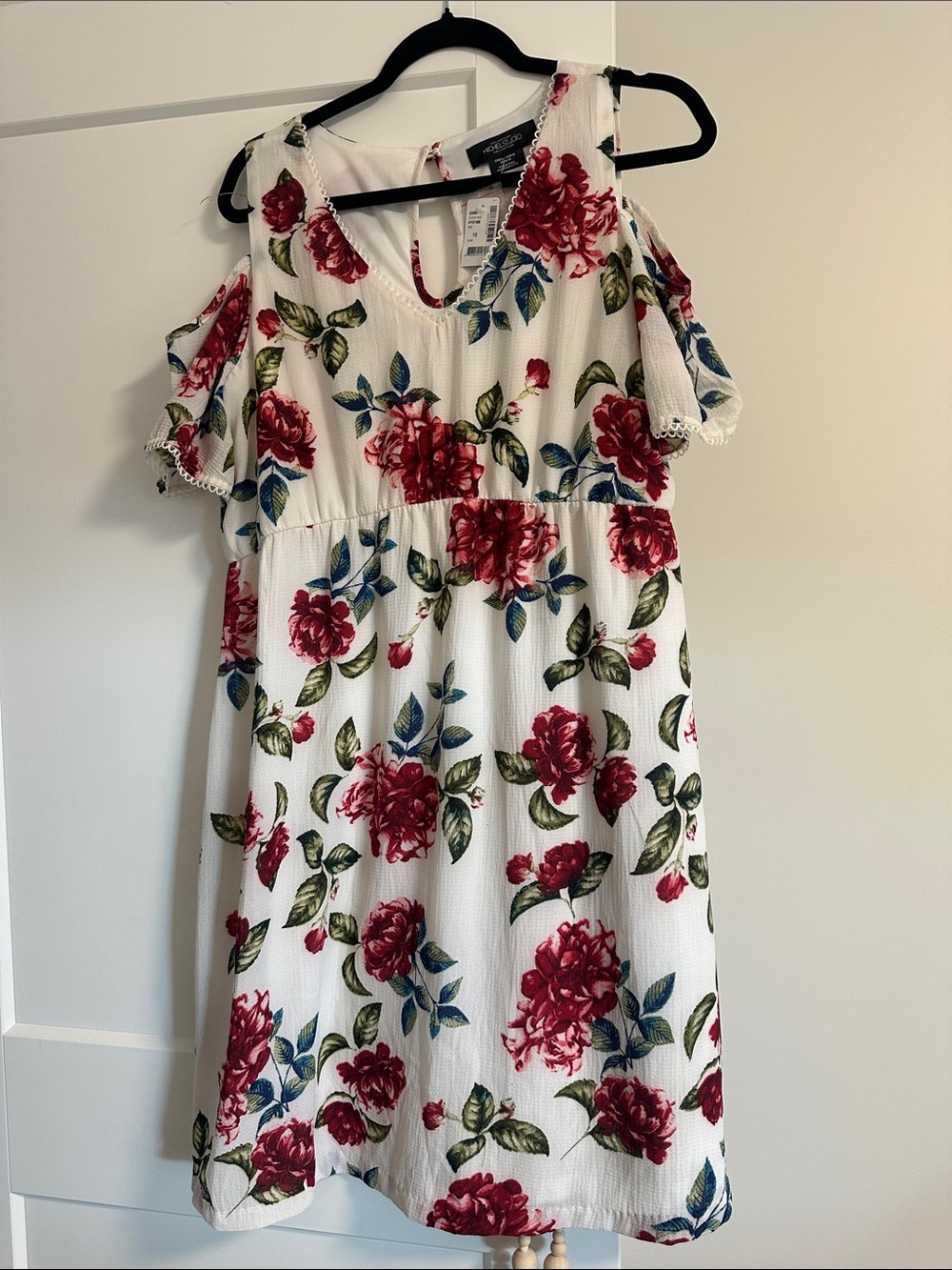 Michel Studio White Cold-Shoulder Mini Dress with Red Rose Print